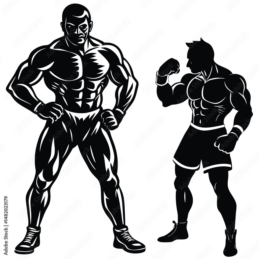 Muscular Boxer Silhouette Vector – Strong Fighter Standing Pose Illustration Muscular Boxer Silhouette Vector – Strong Fighter Standing Pose Illustration