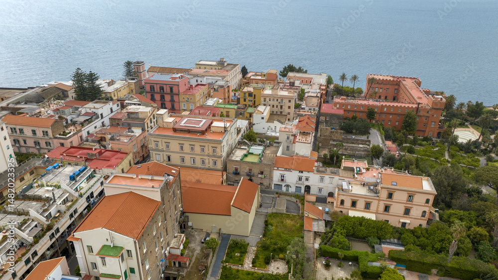 Fototapeta premium Aerial view of the historic center of Vico Equense. This town overlooks Mediterranean sea and is located in the Sorrento Coast, the province of Naples, Campania, Italy.