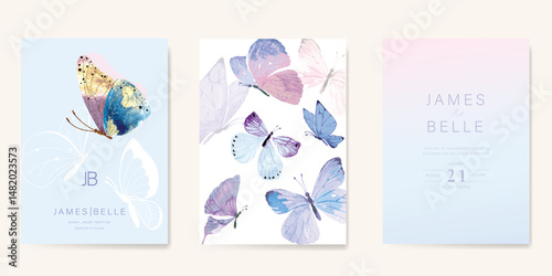 Elegant wedding invitation card background vector. Minimal hand painted watercolor butterfly texture template background. Design illustration for wedding, vip cover, poster, rsvp modern card.