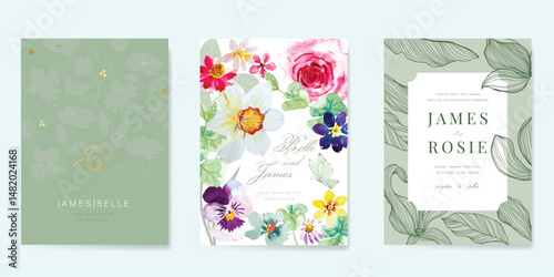 Elegant wedding invitation card background vector. Minimal hand painted watercolor botanical flowers texture template background. Design illustration for wedding, vip cover, poster, rsvp modern card.