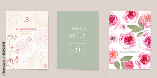 Elegant wedding invitation card background vector. Minimal hand painted watercolor botanical flowers texture template background. Design illustration for wedding, vip cover, poster, rsvp modern card.