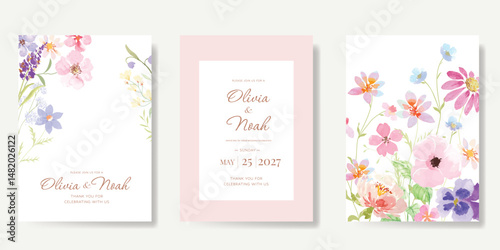 Elegant wedding invitation card background vector. Minimal hand painted watercolor botanical flowers texture template background. Design illustration for wedding, vip cover, poster, rsvp modern card.
