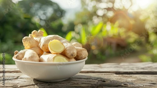 ginger in a white bowl on a wooden table. Selective focus