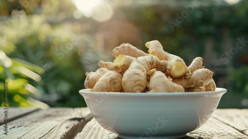 ginger in a white bowl on a wooden table. Selective focus