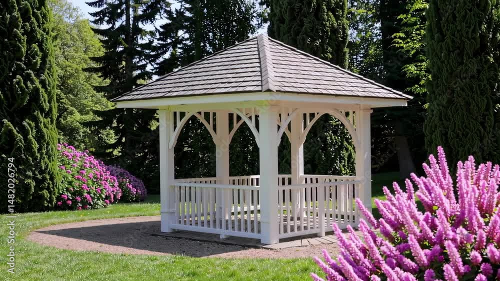 White gazebo in blooming spring park with vibrant pink flowers and green lawn, peaceful outdoor garden architecture surrounded by tall trees