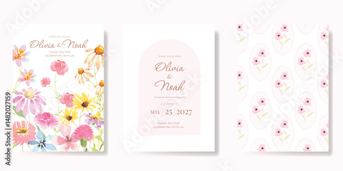Elegant wedding invitation card background vector. Minimal hand painted watercolor botanical flowers texture template background. Design illustration for wedding, vip cover, poster, rsvp modern card.