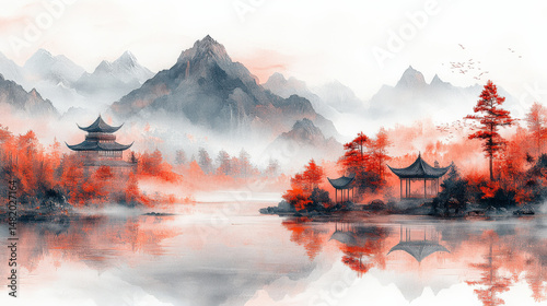 Fototapeta Naklejka Na Ścianę i Meble -  abstract Chinese traditional painting of a beautiful mountain landscape, idea of oriental greetings card background.