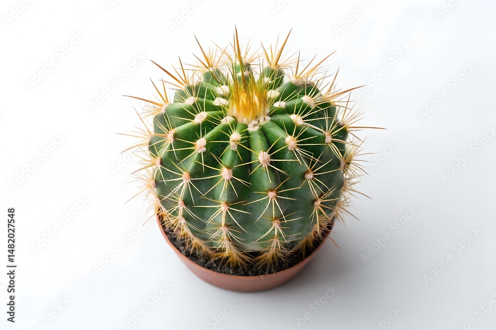 Fototapeta premium A green, prickly cactus succulent with a yellow flower grows in an isolated white pot, showcasing its sharp thorns in a close-up botanical view