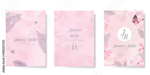 Elegant wedding invitation card background vector. Minimal hand painted watercolor botanical flowers texture template background. Design illustration for wedding, vip cover, poster, rsvp modern card.