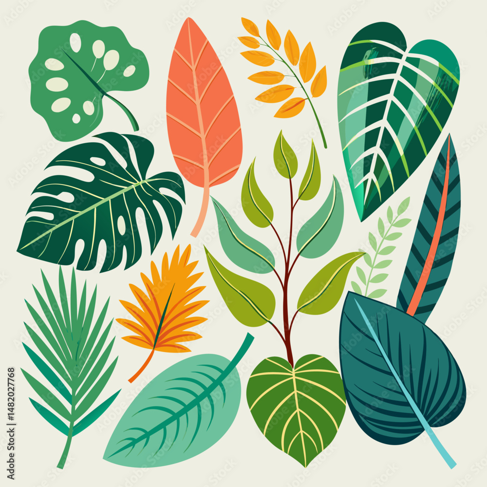 Fototapeta premium Vibrant Tropical Leaves. A Collection of Exotic Plants and Flowers