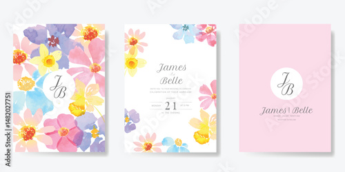 Elegant wedding invitation card background vector. Minimal hand painted watercolor botanical flowers texture template background. Design illustration for wedding, vip cover, poster, rsvp modern card.