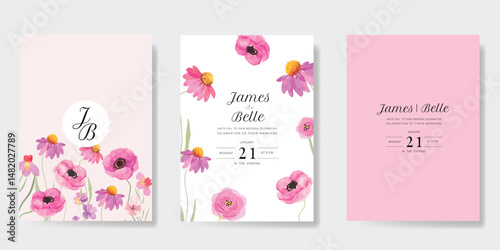 Elegant wedding invitation card background vector. Minimal hand painted watercolor botanical flowers texture template background. Design illustration for wedding, vip cover, poster, rsvp modern card.