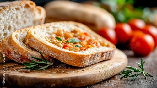 Bread Slices with Topping on Wooden Board