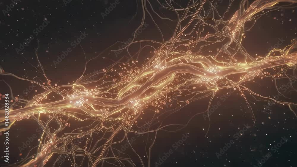 Neural network animation of nerve cells with glowing connections. Scientific visualization of communication and data transmission. Medical, technology, and biology background. Neural network animation of nerve cells with glowing connections. Scientific visualization of communication and data transmission. Medical, technology, and biology background.