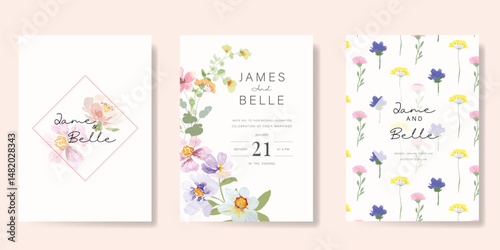 Elegant wedding invitation card background vector. Minimal hand painted watercolor botanical flowers texture template background. Design illustration for wedding, vip cover, poster, rsvp modern card.