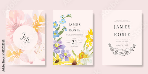 Elegant wedding invitation card background vector. Minimal hand painted watercolor botanical flowers texture template background. Design illustration for wedding, vip cover, poster, rsvp modern card.