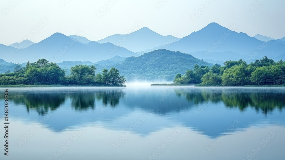 Fototapeta premium Serene lake with misty mountains. Tranquil reflection of a landscape
