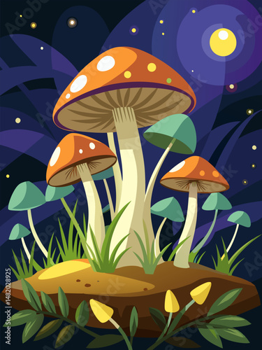 Magical Mushrooms Under the Night Sky. A Fantasy Nature Illustration