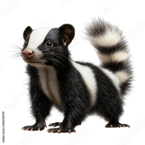 Striped skunk black white fur cute face fluffy tail dark background studio on transparent background photo
