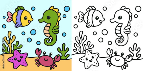 Cute sea animals cartoon character coloring page vector illustration photo