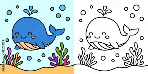 Cute whale in the sea cartoon character coloring page vector illustration