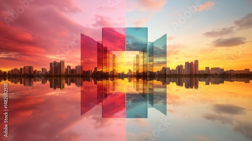 A surreal, inverted city captured in the reflection of a glass building during twilight