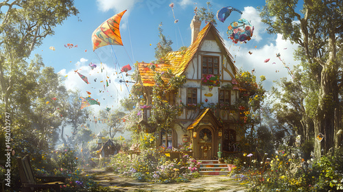 Whimsical kite cottage: wind-catcher architecture, string gardens, sky dancers. High-flying summer light.