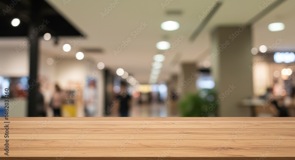 Empty Wooden Table with Blurred Shopping Mall Background Empty Wooden Table with Blurred Shopping Mall Background