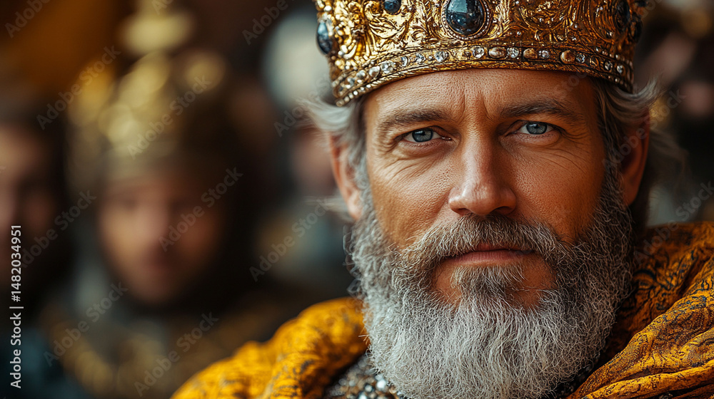 Close-up portrait of a regal man in medieval king's attire, wearing a golden crown and a long beard, looking directly at the camera. Close-up portrait of a regal man in medieval king's attire, wearing a golden crown and a long beard, looking directly at the camera.