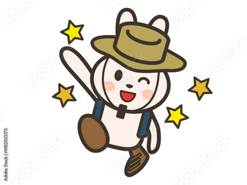 アウトドアウェアを着て元気にウォーキングをするかわいいうさぎさんのイラスト