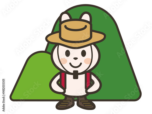 山とアウトドアウェアのかわいいうさぎさんのイラスト