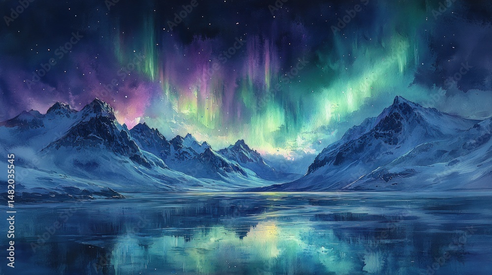 Fototapeta premium Majestic Aurora Borealis over a serene mountain lake