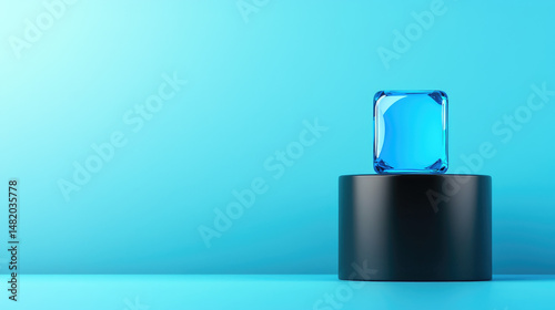 Elegant blue crystal cube displayed on a black pedestal modern art installation minimalist design bright studio contemporary aesthetic