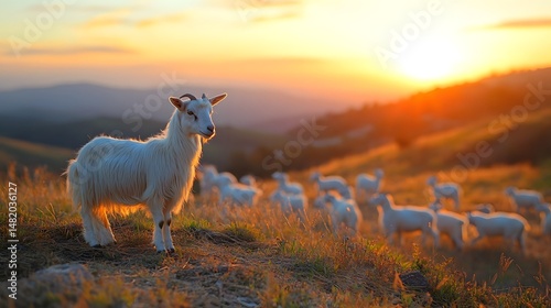 A herd of goats silhouetted against a breathtaking sunrise landscape