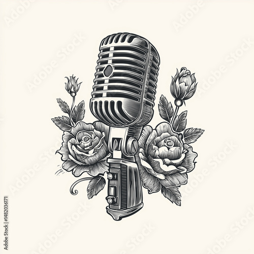 Fototapeta Naklejka Na Ścianę i Meble -  Vintage Microphone with Roses: A classic vintage microphone surrounded by delicate roses in a monochromatic illustration.
