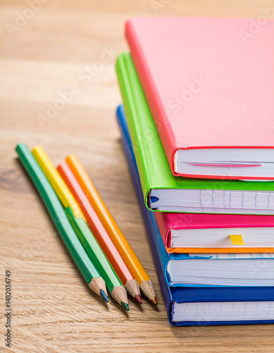 A stack of colorful notebooks placed neatly beside sharpened pencils on a wooden desk. photo