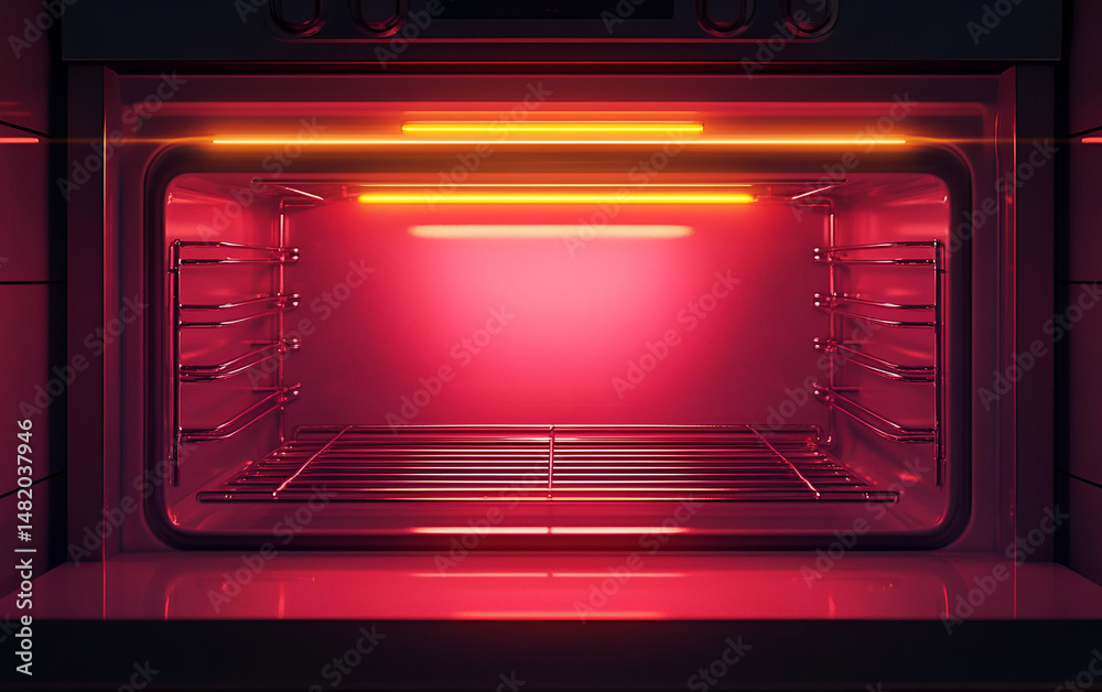 Obraz premium A modern oven interior showcasing vibrant lighting, perfect for culinary inspiration and kitchen designs.