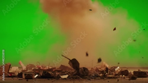 Ground explosion with debris and dust on green screen