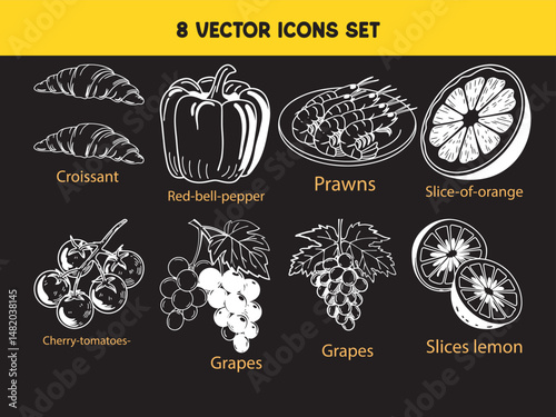 Set of different fruits and food , croissant, red bell paper, prawns slice of orange, grapes, cherry, set of vectors icon.