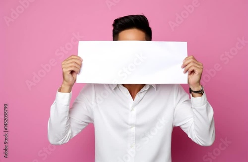 Smiling Asian man holds blank sign on pink background