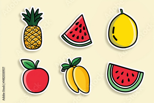 Colorful fruit stickers including pineapple, watermelon, lemon, apple, and mango on a light background
