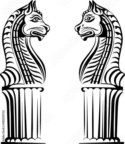 SVG vector featuring skulls with sunken temples theme. Elegant Black and White Horse Column Design for Artistic Flair
