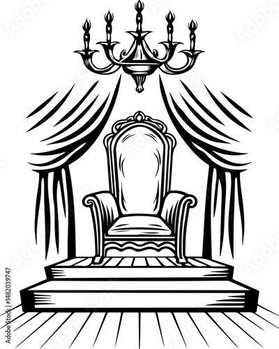 SVG vector featuring skulls with sunken temples theme. Elegant Throne with Chandelier and Draped Curtains in Black and White