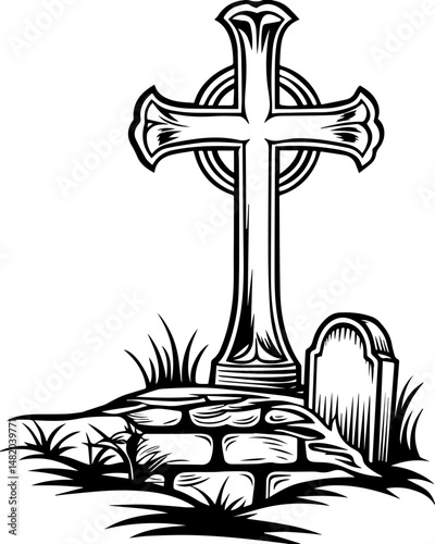 SVG vector featuring skulls with sunken temples theme. Vintage Cross and Tombstone Design for Mystical or Religious Themes