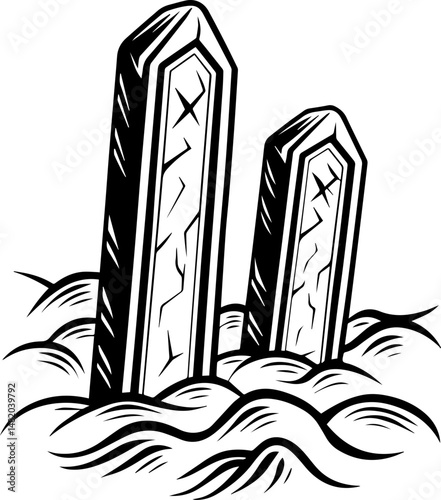 SVG vector featuring skulls with sunken temples theme. Two Ancient Stone Markers Emerging from Misty Ground