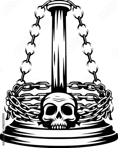 SVG vector featuring skulls with sunken temples theme. Skull Design with Chains and Pole in Black and White Illustration
