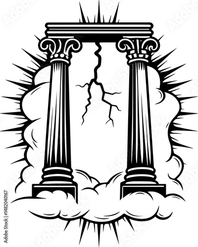 SVG vector featuring skulls with sunken temples theme. Classic Architectural Columns with Lightning and Dramatic Clouds