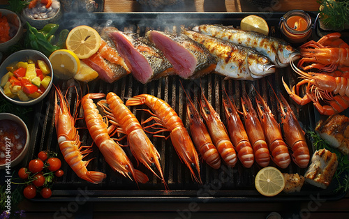 A vibrant spread of grilled seafood, featuring shrimp, fish, and colorful vegetables garnished with lemon. photo