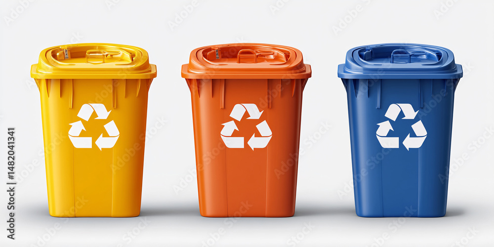 Three vibrant recycling bins: yellow, orange, blue. Three vibrant recycling bins: yellow, orange, blue.