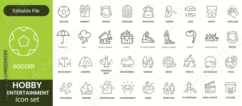 Hobby and recreation linear icons collection. Hobbies for children and adults at home and outdoors. Sports, diving, dancing, reading, drawing, music and singing. Editable stroke outline icon